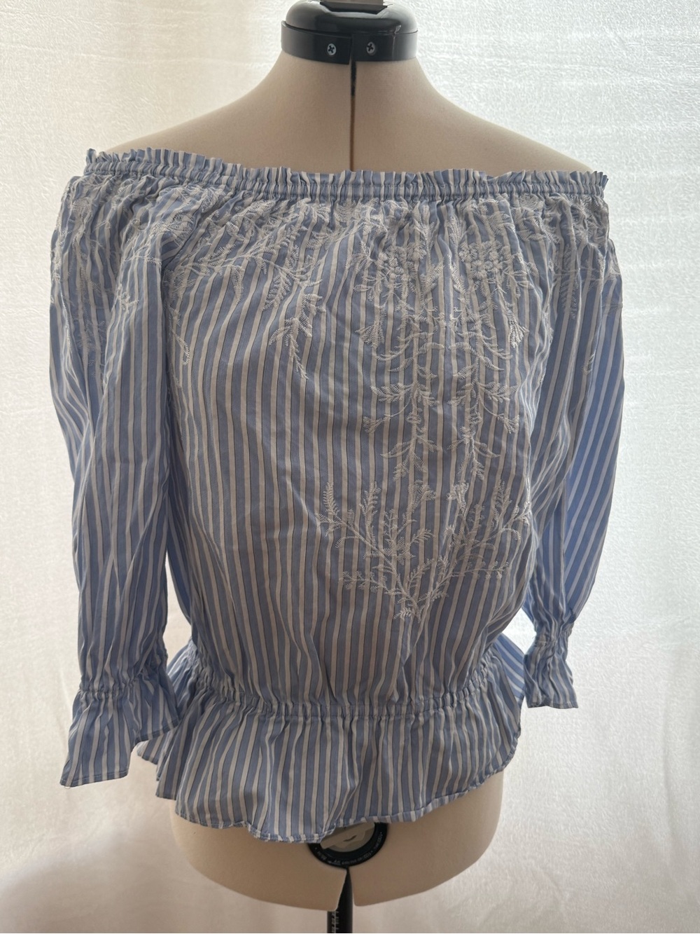 White House Black Market Blue and White Striped Off-Shoulder Blouse